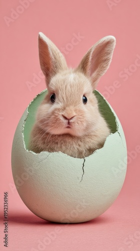 Cute rabbit emerging from an egg shell on a pink background