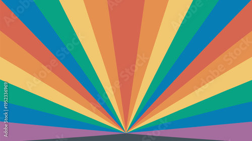 A vibrant rainbow-colored sunburst design with multicolored rays emanating from a central point