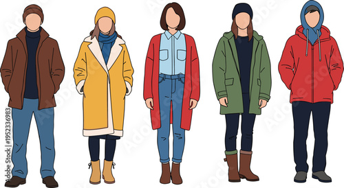 Winter people characters set, men and women in warm clothes, coats jackets hats, casual fashion flat vector illustration