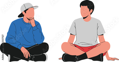Young men sitting illustration, casual relaxed poses, modern lifestyle characters, flat design people, friendly conversation concept, minimalist vector artwork