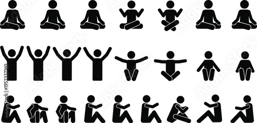 Yoga and meditation icons set, human poses silhouettes, fitness exercise collection, wellness lifestyle, relaxation positions, mindfulness practice, vector illustration design