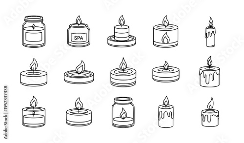 Candle icon set relaxation spa candle interface symbols minimal outline vector collection