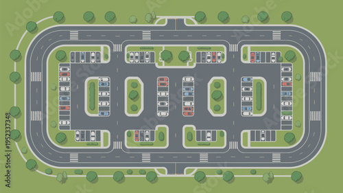 An aerial view of a well-organized parking lot with multiple rows of cars and trees