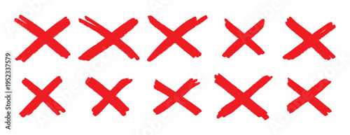 Red cross X mark set. Hand drawn delete symbols collection. Cancel and wrong icons for UI design vector