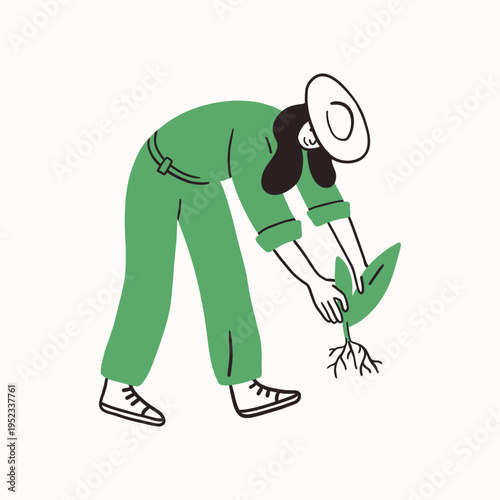 Farm agricultural worker or farmer, woman planting herb, taking care of harvest, plants. Hand drawn simple ink doodle contour line illustration. Farming, agriculture or local organic production.