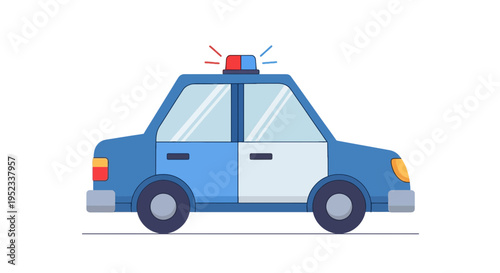 A stylized blue and white vehicle, featuring emergency lights. It is a police car illustration