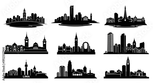 City Skylines Silhouettes Collection: Diverse Urban Architecture in Black and White