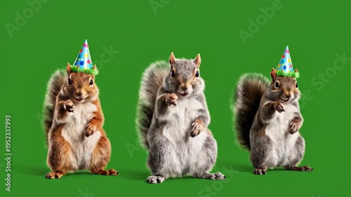 Three happy squirrels dancing and celebrating with party hat on green background motion footage