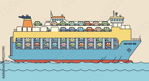 Cartoon illustration depicts a ferry packed with cars at sea