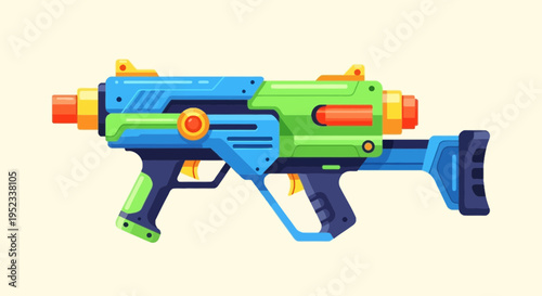 A detailed cartoon illustration of a multi-colored toy water gun against a neutral background