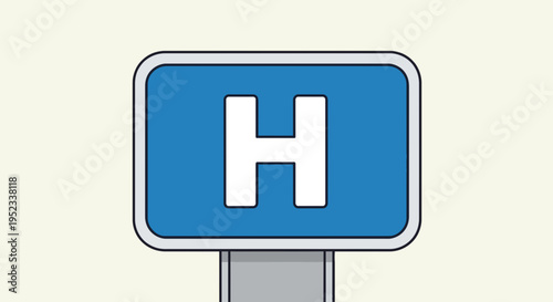 A blue rectangular sign with a white "H" on it, denoting a medical establishment