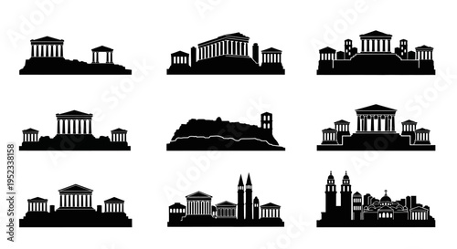 Ancient Greek Architecture Silhouettes: Acropolis, Parthenon, Temples, Cityscapes