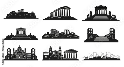 Ancient Greek Architecture Silhouettes: Temples, Ruins, and Cityscapes