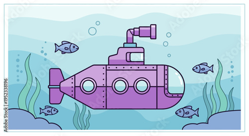 Cartoon illustration depicts a purple submarine with fish and seaweed underwater