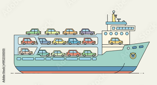 A vector illustration of a car carrier ship filled with colorful vehicles, stylized design