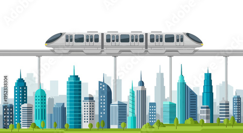 A modern city scene features a monorail above a skyline of stylized skyscrapers