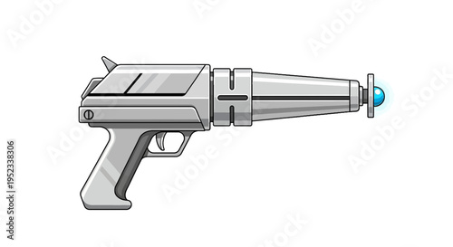 A futuristic silver ray gun with a trigger, grip, and glowing blue energy emitter