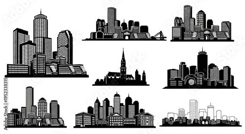 Black and White City Skylines Collection: Diverse Urban Silhouettes for Design