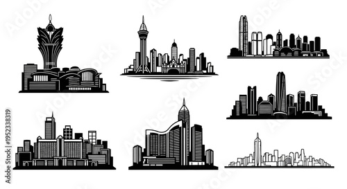 Black and White City Skylines Vector Set - Modern Architecture Silhouettes
