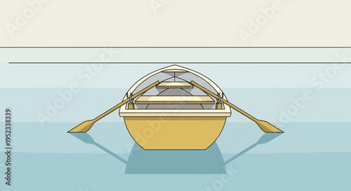 A light yellow rowboat with oars, seen from the front, floats on blue water