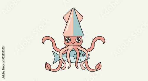 A stylized cartoon squid with a smiling face and tentacles, clutching a fish