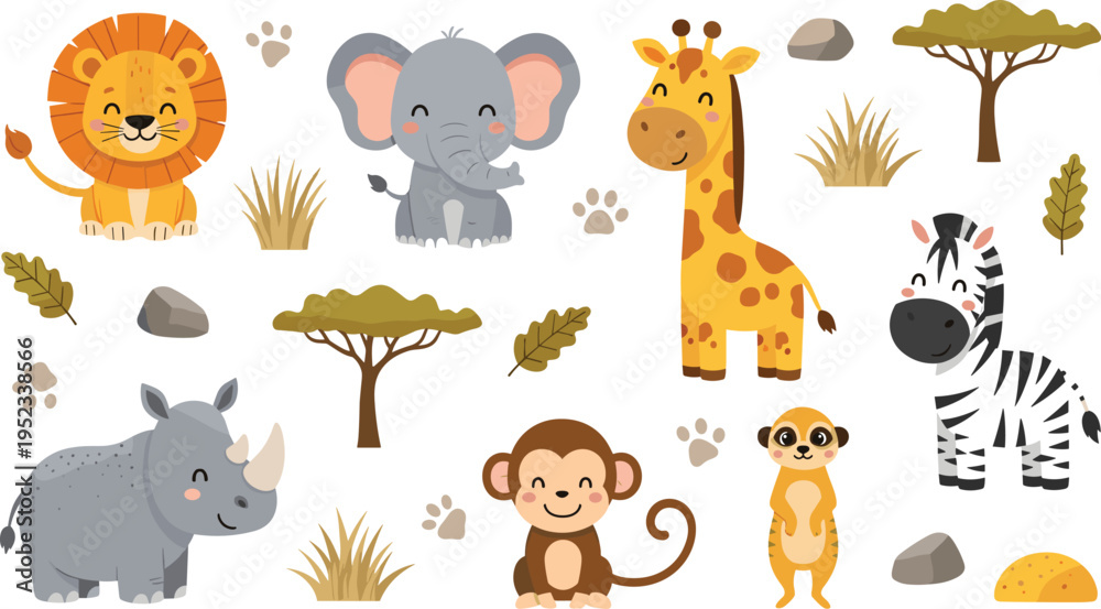 Fototapeta premium Cute Safari Animal Collection Featuring Lion, Elephant, Giraffe, Zebra, Monkey, Rhino, and Meerkat with Savanna Elements in Cartoon Flat Vector Style for Kids Design.