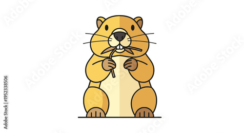 A cartoon groundhog stands upright, holding grass, with a tan body and dark outlines