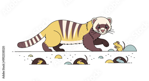 Cartoon ferret stalking mouse, surrounded by burrows with mice. Colorful design on white background