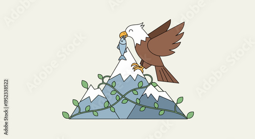 An eagle with fish perches on snowy mountains with green vines