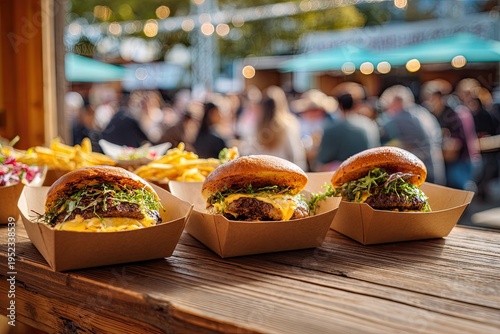Three juicy burgers and fries served at an outdoor festival