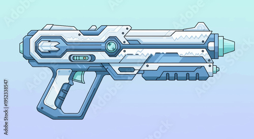 Futuristic cartoon blaster gun with a blue and white color scheme and intricate details