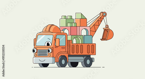 Orange cartoon truck with blocks and a crane, smiling