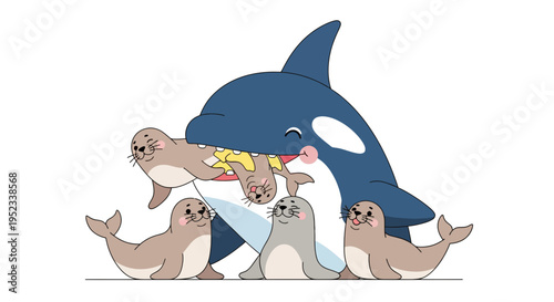 A cartoon orca eating seals, while the others watch. It's an interesting ocean scene