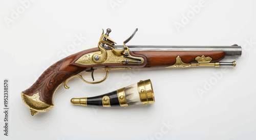 An antique pistol with ornate gold accents and a powder horn on a white background