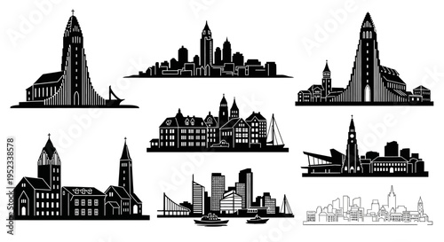 City Skylines Silhouette Collection: Diverse Architectural Styles