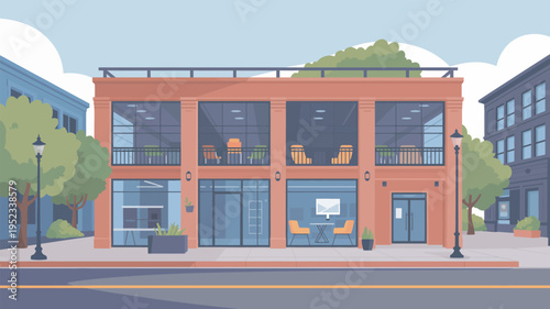 A modern orange office building with glass windows and balconies on a city street with trees and street lamps