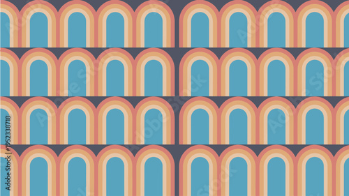 A vibrant and colorful pattern of arches in a repeating design on a dark background