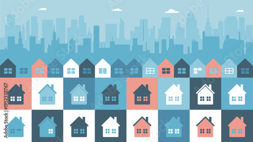 A colorful illustration of various houses in a cityscape with a vibrant skyline