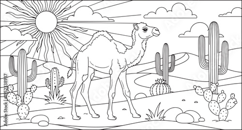 Camel coloring page shows desert animal walking past tall cacti and sand dunes under hot sun with bright rays in arid wilderness landscape