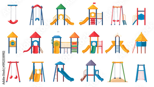 Colorful vector illustration of children’s playground equipment with slides, swings, climbing structures, towers, roofs, and recreational design