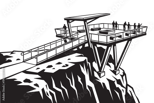Modern cliffside overlook vector illustration with tourists silhouettes and cantilevered platform
