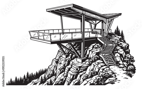 Mountain observation deck vector illustration with stairs and viewing platform on rocky cliff side
