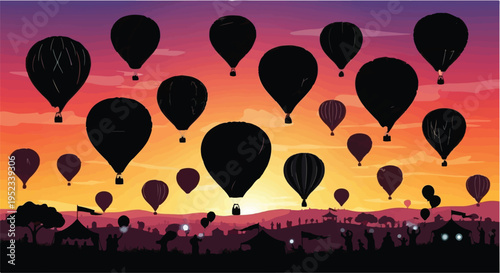 Numerous hot air balloons ascend above a festival crowd at sunset silhouette.