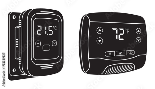 Digital thermostat vector illustration, climate control device, temperature settings, display, isolated object
