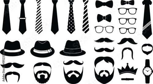 Collection of men accessories ties bow ties glasses mustaches hats beards and watchTravel destination signpost with palm trees suitcase and flowers for coloring