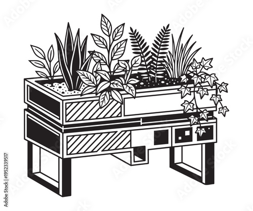 Modern planter box with various plants and foliage in an artistic outline vector illustration