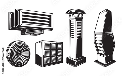 Collection of ventilation systems grilles and air conditioners in outline vector illustration
