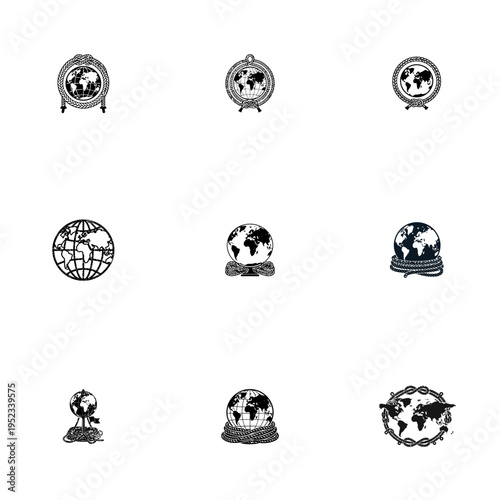 Global World Map Globe Icons Surrounded by Ropes and Wreaths Representing International Travel and Environmental Connection