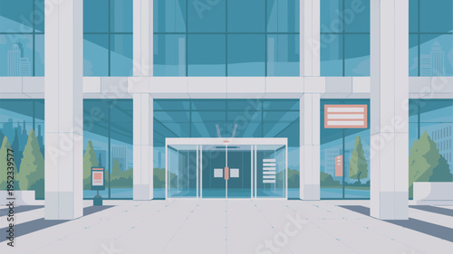 A modern office building with a sleek glass facade and a prominent entrance