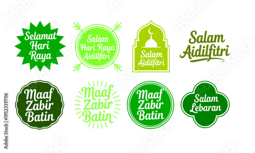 Selamat Hari Raya Aidilfitri green badge sticker collection with Maaf Zahir Batin and Salam Lebaran labels, perfect for Eid al-Fitr greeting card, banner, poster, and social media template design